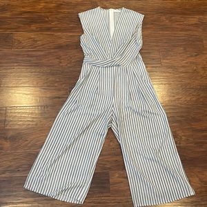 Blue and white striped wide leg jumpsuit